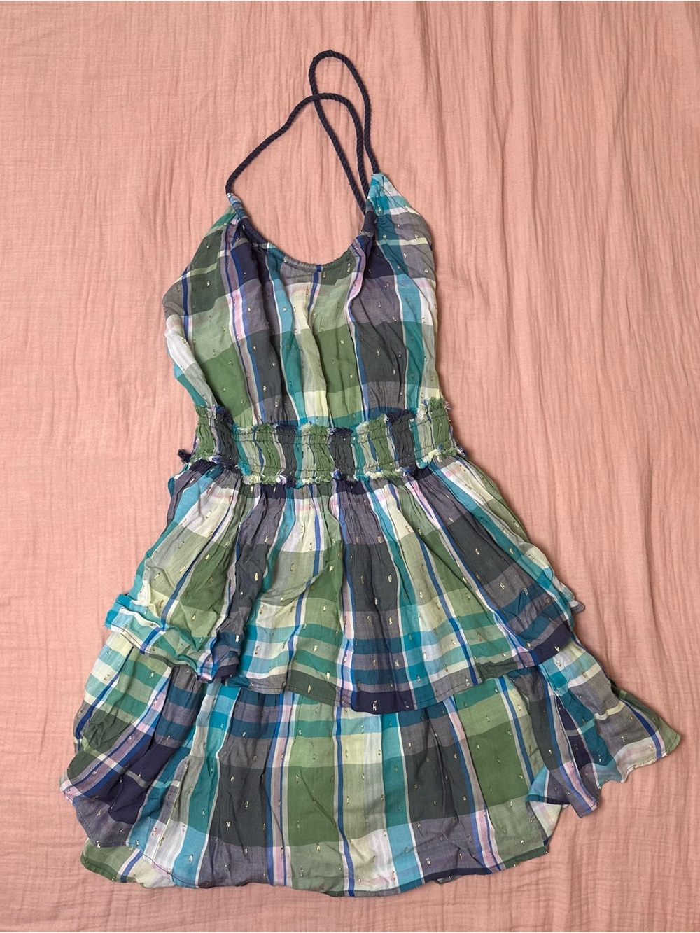 NWOT Aerie Plaid Tiered Halter Mini Dress Size Small Blue Green Boho Size S